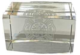 Vintage Suspended Emblem Fire Department Clear Glass Paper Weight 3 x 2&quot; - $10.87