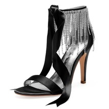 High Heels Crystals Tassel Wedding Bridal Sandals Shoes Women Open Toe Ankle Str - £68.71 GBP