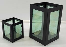 2 Black Lantern Metal Leaf Tea Pillar Candle Holder Cube Glass Boxes - $11.87