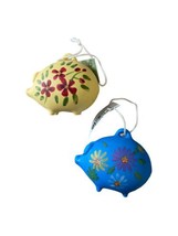 2 Colorful Ceramic Piggy Bank Christmas Ornaments NWT Pigs ORNAMENT Blue Yellow - $16.87