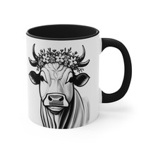 Farmhouse Cow w/ Floral Crown Sketch Style Coffee Mug 11oz Black White  - £15.62 GBP