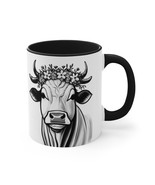 Farmhouse Cow w/ Floral Crown Sketch Style Coffee Mug 11oz Black White  - $19.99