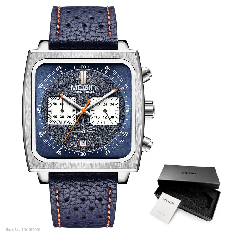 MEGIR Square Dial   for Men Fashion Blue Leather Strap Casual  Wristwatch with D - £93.23 GBP