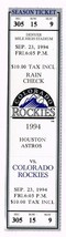 1994 Astros @ Rockies Full Unused Phantom Ticket September 23rd Strike Year - $10.03