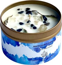 White Sage Smudge Candle with Obsidian and Quartz Crystals 100 Natural Soy Esse - £34.54 GBP