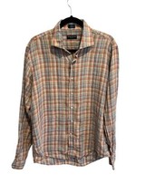 PETER MILLAR Collection Mens Button Up Shirt Brown Blue Orange Plaid Lin... - $31.67