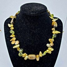 Tigers Eye Stone &amp; Abalone Shell Bead Necklace 925 Sterling Silver Clasp Choker - $22.95