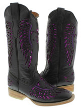 Womens Western Wear Boots Black Leather Purple Sequin Inlay Wings Size 6, 6.5, 7 - £66.26 GBP