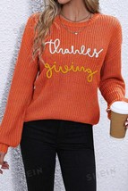 Gold Flame Thanks Giving Letter Graphic Crew Neck Sweater - £36.76 GBP