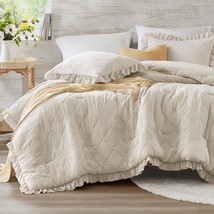 Ruffle Bedding Set, Shabby Chic Farmhouse Queen Size Comforter Beige, Boho - £41.78 GBP