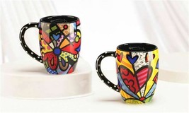 Romero Britto Mug Set of 2 Butterfly &amp; A New Day Black Handle and Ceramic 12 oz  - £79.28 GBP