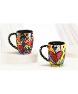 Romero Britto Mug Set of 2 Butterfly &amp; A New Day Black Handle and Cerami... - £78.02 GBP
