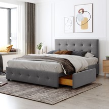 Queen Upholstered Platform Bed with Classic Headboard and 4 Drawers - Light Gray - £257.83 GBP