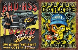 Grease Monkey Bad Ass Speed Shop Muscle Car Garage Chevy Metal Tin 2 Sign Lot - £25.72 GBP