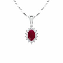Authenticity Guarantee 
Oval Ruby Pendant with Floral Diamond Halo in 14K Whi... - £403.12 GBP