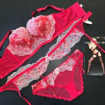 Victoria&#39;s Secret 34DD,36C Bra Set+Garter+M,L Panty Cherry Red Pink White Lace - £118.26 GBP