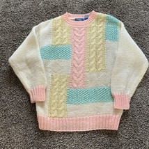 Vintage 80s Sweater Chunky Knit Pink Blue Yellow White Color Block Raffe... - £28.63 GBP