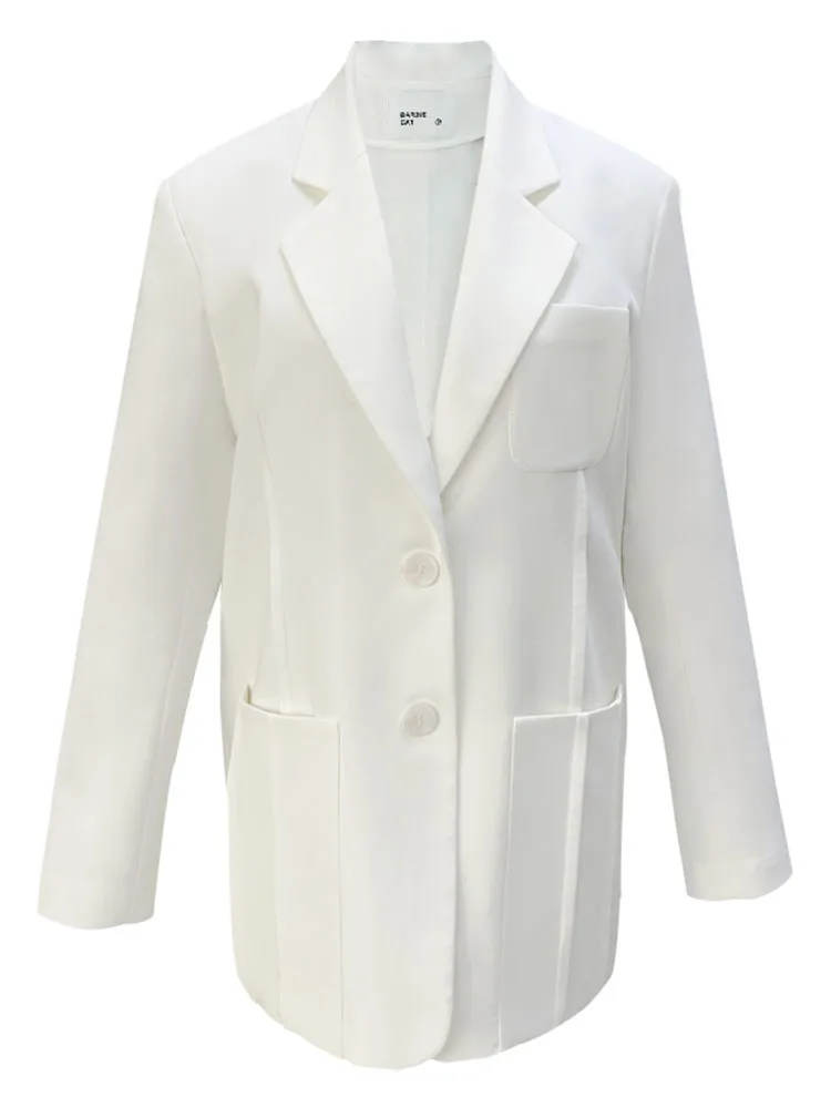 DEAT Woman Coat White Solid Pockets Notched Long Sleeve Single Breasted Office L - £192.11 GBP