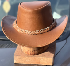 Aussie Cowboy Western Outback Tan Hat Shapeable Brim 100% Genuine Leather Hat  - £46.34 GBP
