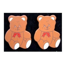 Teddy Bear w/ Red Bow Wood Button Earrings Country Holiday Novelty Funky Jewelry - $5.85