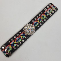 Vintage Southwestern Rhinestone Stitched Wrap Bracelet 1.5&quot; Wide Leather Adjust - £18.46 GBP