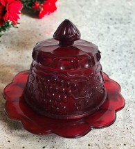 Vintage Ruby Red Amberina Round Dome Covered Butter / Cheese Dish Grape ... - £18.88 GBP