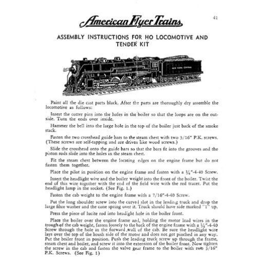 Primary image for GILBERT HO AMERICAN FLYER TRAINS LOCOMOTIVE & TENDER KIT INSTRUCTION SHEET Copy