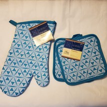 Oven Mitt and Potholders, set of 3, Turquoise Geometric Triangle Hexagon... - £7.98 GBP