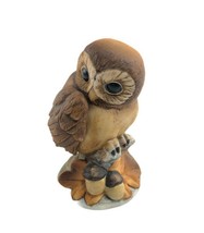 Porcelain Owl Figurine Andrea by Sadek 6350 w Wood Stand &amp; Gold Foil Sti... - $24.74