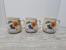 Lot of 3 Vintage Poppies Floral Mugs Crazing Matching Blue Orange Yellow... - $18.99