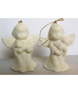 Set of 2 White Bisque Angels Ceramic 3&quot; Teddy Bear and Kitty Cat - $12.87