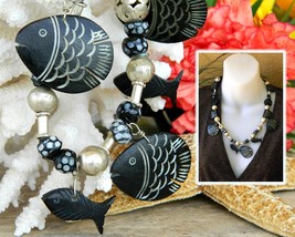 Vintage Fish Necklace Hand Carved Black Wood Silver Balls Glass Beads - $26.95