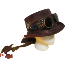 Womens Spirit Felt Top Hat Steampunk Tophat W/ Goggles Lace Tail Brown 8.5&quot; - £33.34 GBP