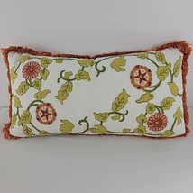 Spring Floral Embroidered Pillow Botanic 26&quot; x 14” Fringe Boho Decor Pink Vtg - £18.43 GBP