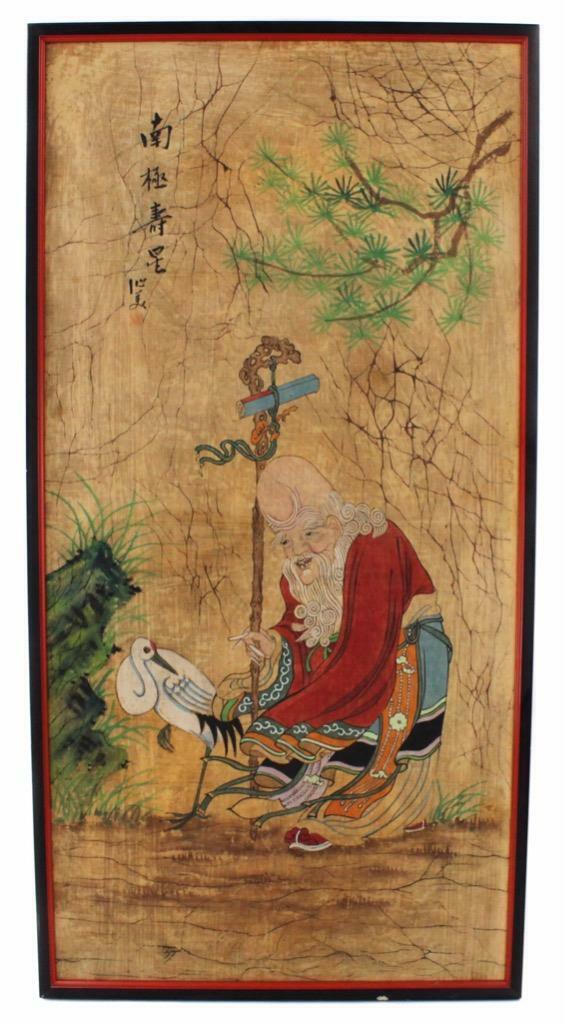 Primary image for Vintage Chinese Oriental Asian Watercolor Silk Painting Old Man With Crane Scene