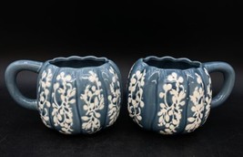 Pair Anthropologie Rustic Floral Pumpkin Shaped Mug Cup Blue Glazed Than... - £31.13 GBP