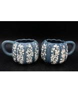 Pair Anthropologie Rustic Floral Pumpkin Shaped Mug Cup Blue Glazed Than... - £31.31 GBP