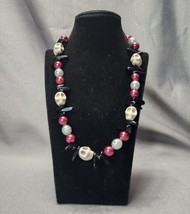Gothic Chunky Skull Beads Silver & Burgundy Beaded Necklace 19" Goth Emo Fashion - $24.75