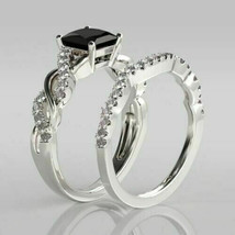 Solid 14K White Gold 2.60Ct Princess Black Moissanite Engagement Ring Set Size 8 - £236.63 GBP