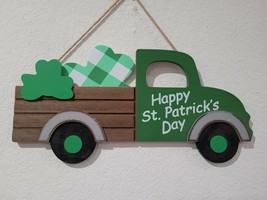 St Patrick&#39;s Day Green Vintage Truck Shamrocks Hanging Wall Sign Decor - $19.99