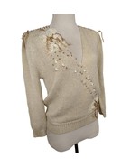 Awesome Retro Womens MEDIUM V-Neck Sweater Cream Ribbon Lace Vintage 80s... - $29.69