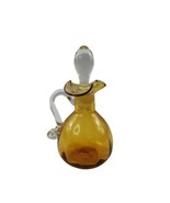 Vintage Handblown Art Glass Amber Cruet with Clear Handle &amp; Stopper  - £9.32 GBP