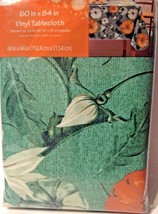Tablecloth Green Vinyl Flannel Backed Pumpkin Flowers 60x84 Rectangle - £9.89 GBP