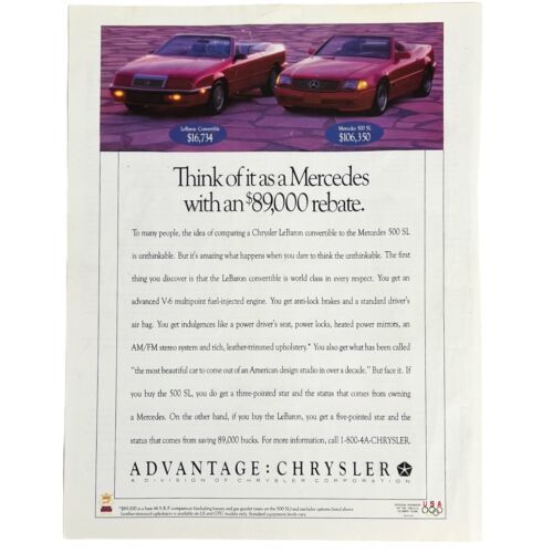 Vintage 1992 Chrysler LaBaron Convertible Magazine Print Ad Convertible 8" x 10" - $6.62