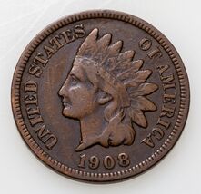 1908-S 1C Indian Cent in Fine Condition, All Brown Color, &quot;LIBERTY&quot; is Full - €112,21 EUR