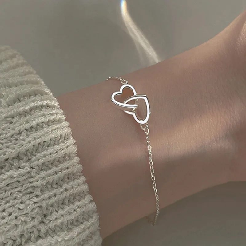 New Silver Color Double Heart Bracelet &amp; Bangle for Women Fine Fashion Jewelry W - £14.20 GBP