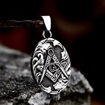 Men&#39;s Stainless Steel Silver Freemason Masonic Symbol Pendant Necklace Chain 24&quot; - £9.37 GBP