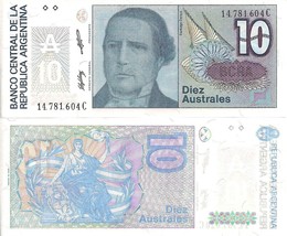 Argentina P325b, 10 Australs, Liberty/ Santiago Derqui 1986 UNC See UV image - £1.32 GBP