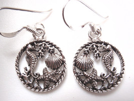 Sea Life with Coral Starfish Seahorse &amp; Clam Shell 925 Sterling Silver Earrings - £15.78 GBP
