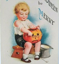 Vintage Halloween Postcard Ellen Clapsaddle Wolf 21 Girl Puts Glasses On Pumpkin - £109.12 GBP